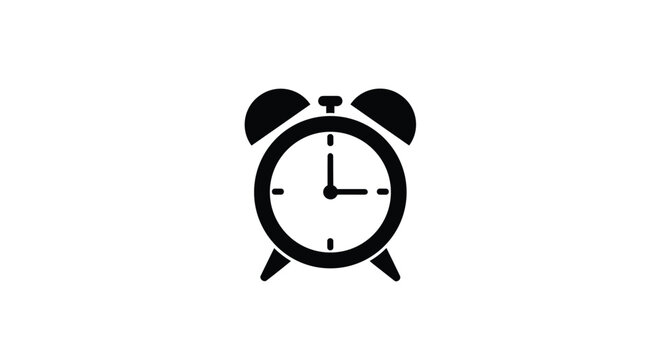 Minimalist black alarm clock icon showing three o clock isolated on white background representing time management and waking up.