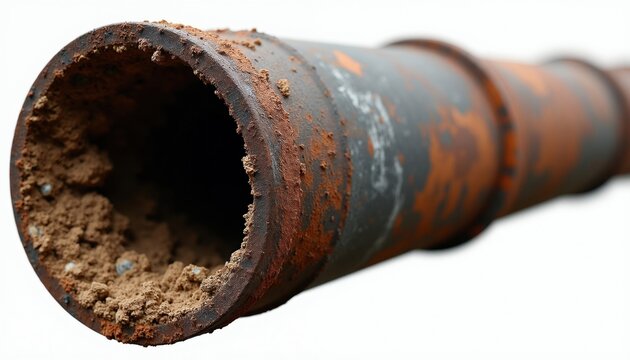 Old metal pipe interior shows heavy mineral buildup and rust. The corroded conduit is obstructed with sediment and dirt, indicating age and decay.