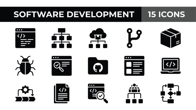 Software Development Icon Set Featuring Programming Tools and Web Coding Elements in Minimalist Style