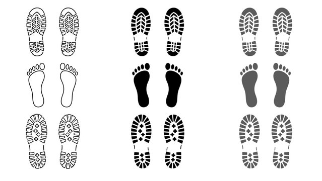Collection of footprint and boot print icons in various styles and colors