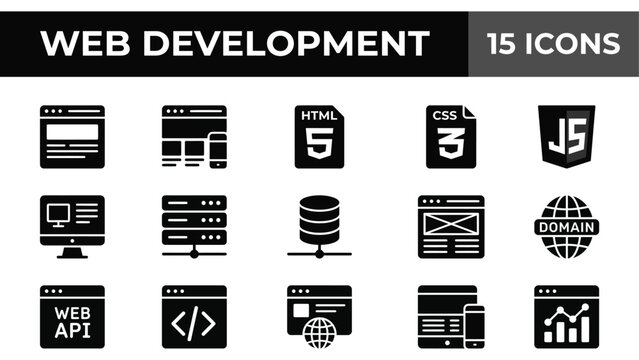 Set of black web development icons representing programming languages and internet infrastructure