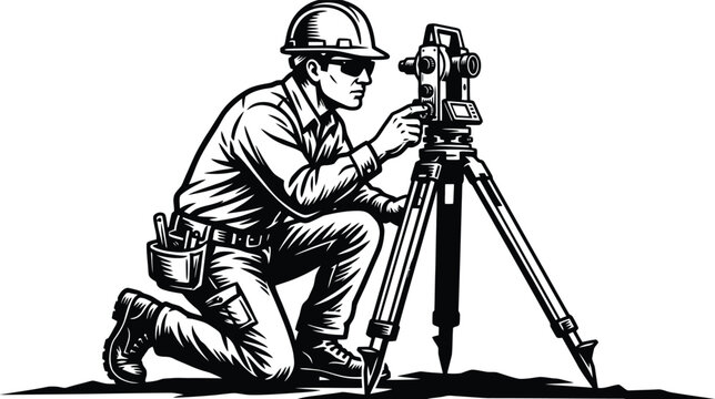 Surveyor using a theodolite on a tripod for precise measurements