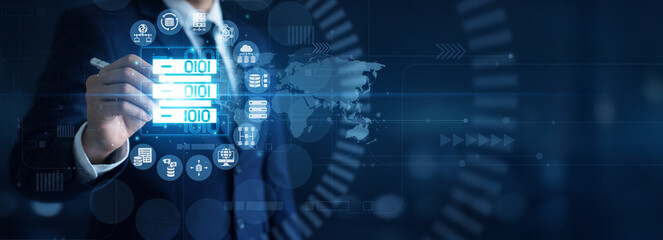 Information analytics. Analyst point of Big Data processing massive dataset volumes and complex predictive algorithms on holographic display. Statistical insights and data trends.