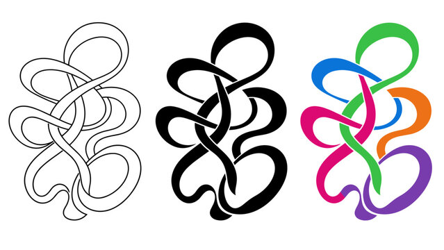 Abstract Celtic knot design in outline, solid black, and colorful versions