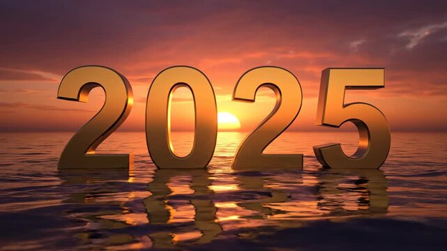 Golden year 2025 letters emerging from the ocean during a sunset