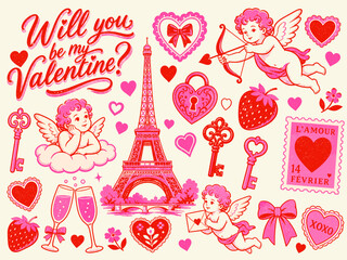 Obraz premium Will you be my Valentine? romantic Paris themed illustration with cupids and hearts