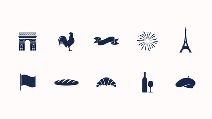 Fototapeta premium Elegant flat iconset celebrating european culture with architecture cuisine and traditions in minimalist vector style