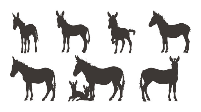 Donkey silhouette vector set, collection of 8 farm animal silhouettes, black mule and burro icons, isolated livestock figures for agriculture design