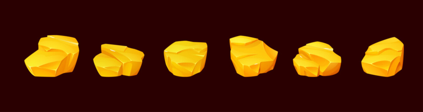 Golden nugget rock treasure icon in cartoon style. Gold ore from ancient mine depicted as shiny gemstone heap. Vector illustration for fantasy game assets and shining rich material design.