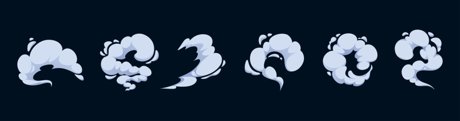 Fototapeta premium Manga smoke effect with motion trails. Comic cloud puffs and abstract steam elements in gray tones create cartoon atmosphere. Manga style vector graphic mist with swirling explosion fog.