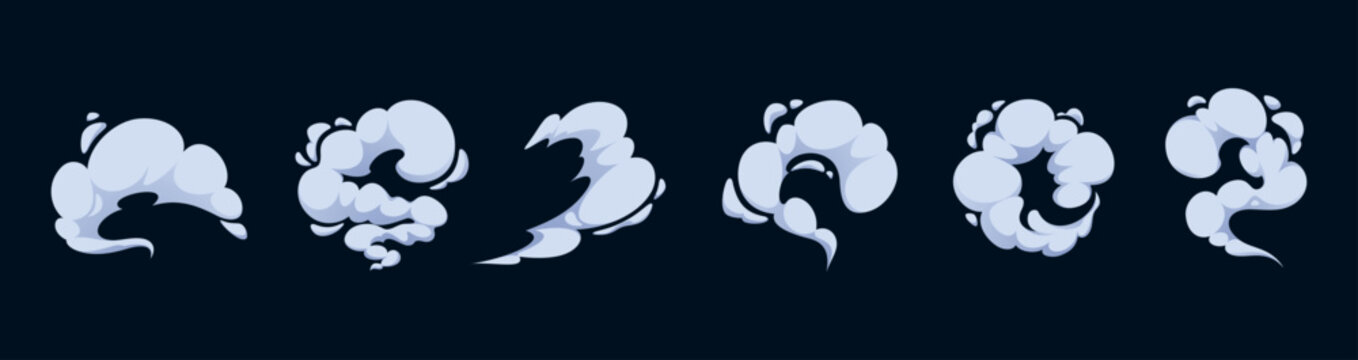 Manga smoke effect with motion trails. Comic cloud puffs and abstract steam elements in gray tones create cartoon atmosphere. Manga style vector graphic mist with swirling explosion fog.