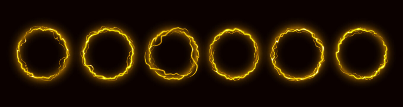 Energy bolt circle with thunder light effect on black background. Power ring with electric lightning current. Yellow vector glow creates round frame with spark flash for game avatar icons.