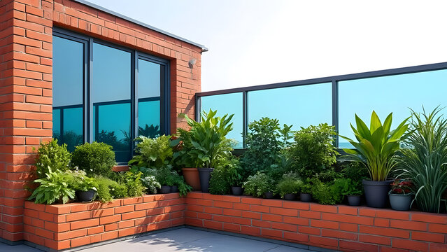 Cozy terrace garden with lush potted plants and brick wall, modern residential balcony exterior