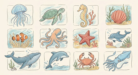Obraz premium Collection of cute sea animals in individual hand-drawn style frames.
