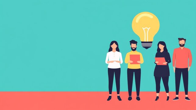 A flat illustration. Four diverse people (two men, two women) standing in a row on a red ground against a turquoiseteal background. One man holds a red folder, one woman holds a red