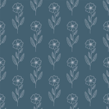 Floral seamless pattern with February birth month flower primrose in line art style, hand drawn botanical outline illustration. Monochrome drawing for background, packaging, textile or wallpaper.