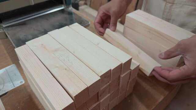 Close up authentic shot of unrecognizable carpenter hands inspecting light pine wood blocks blanks and neatly stacking them into a pile on a wooden workbench in workshop manual labor process craft