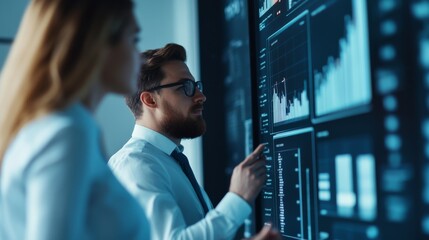 Fototapeta premium A man with a beard and glasses and a woman (out of focus) looking at a large digital screendashboard with charts and data. Side profile of the man, shallow depth of field (bokeh effect