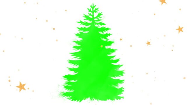 Christmas ornaments dangle from a checkered border against a bright green background.