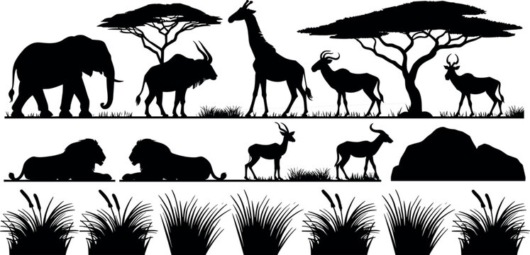 African safari animals silhouette vector set featuring elephant giraffe lions trees and grass elements on white background