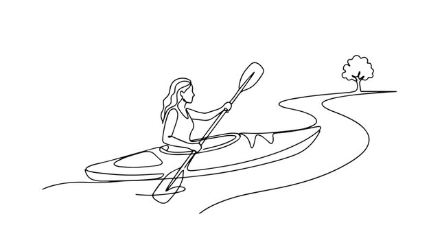 Woman kayaking on river. Continuous one line drawing. Minimalist outdoor adventure vector illustration