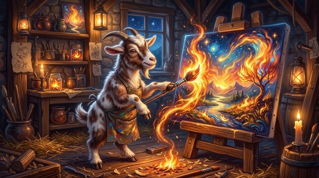 Magical illustration of a goat artist painting with fire on a canvas. Whimsical animal in a rustic workshop at night. Fantasy storybook concept