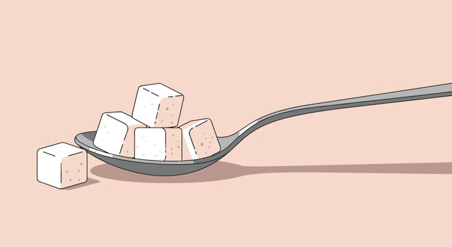 Clean illustration of a metal spoon holding a small pile of white sugar cubes on a simple light pink background.