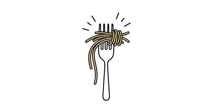 Simple and charming illustration of a fork with spaghetti neatly twirled around it, with little sparkles indicating deliciousness.