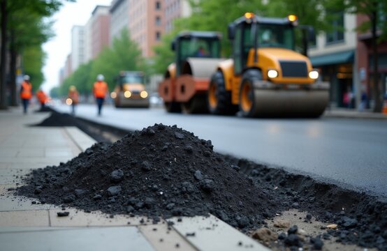 City street reconstruction with asphalt piles and heavy machinery. Workers in orange vests pave road surface. Steam rises from hot tarmac, compacting new pavement with steamrollers.