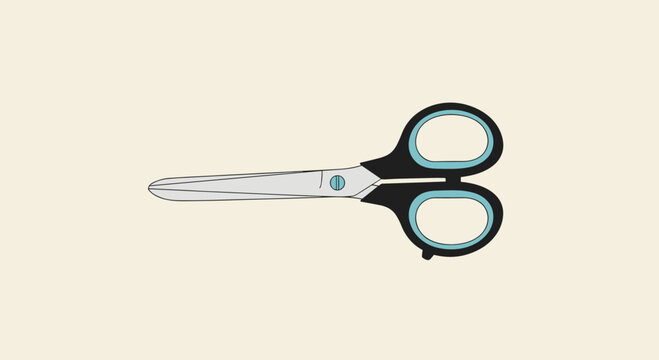 Simple and clean illustration of a pair of closed scissors with black and light blue handles on a cream background.