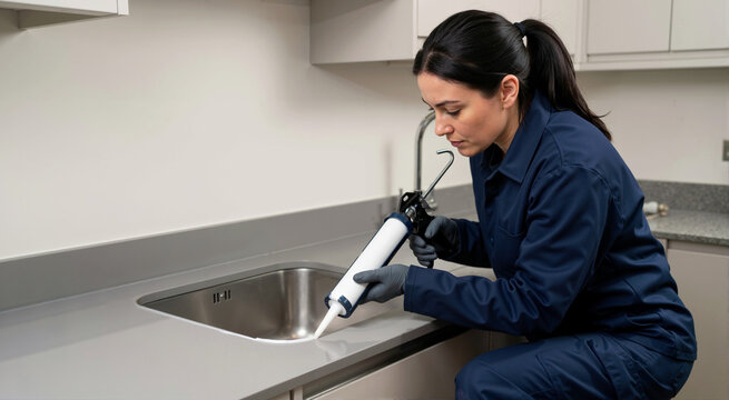 Female plumber applying silicone sealant to kitchen sink edge. Woman worker using caulking gun on stainless steel basin. Professional home improvement and maintenance service