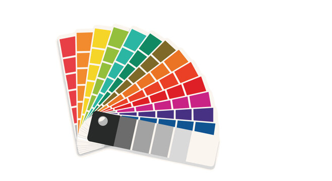 A color palette swatch guide fanned out to display a wide spectrum of rainbow colors and shades of gray.