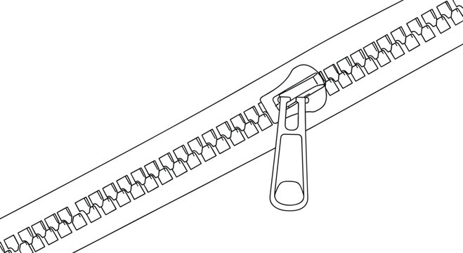 Simple black and white line art illustration showing a close-up, angled view of a zipper with its pull tab.