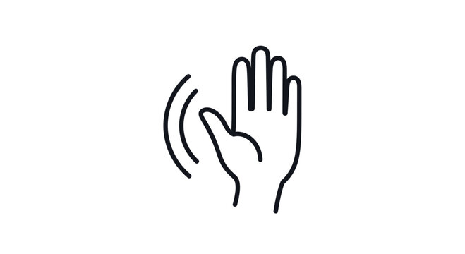 Simple black line art icon of a human hand waving hello or goodbye with motion lines on a clean white background illustration.