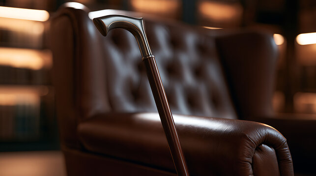 Elegant walking cane rests beside a rich brown leather armchair in a luxuriously appointed and warmly lit study or library setting
