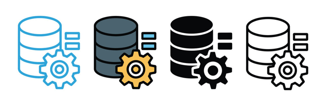 Database server configuration vector icons, storage management symbols with gear settings in outline, filled and colorful styles for software development.