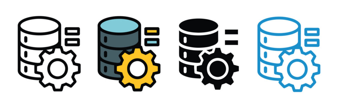 Database settings icon set, server storage configuration symbols with gear elements in colorful and monochrome styles for technology interface design.