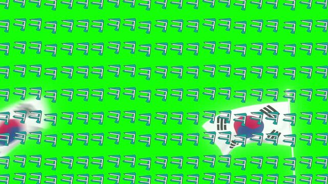 South Korean flags wave in front of a repeating pattern of small chairs.