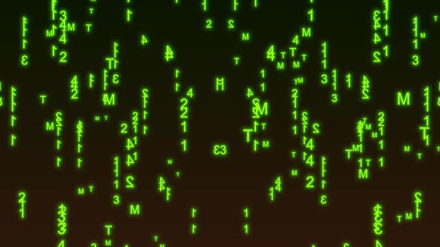 Green digital code streaming down in matrix style, abstract green digital code falling vertically on a dark black background. data stream, cyber security, green digital rain motion graphics, video