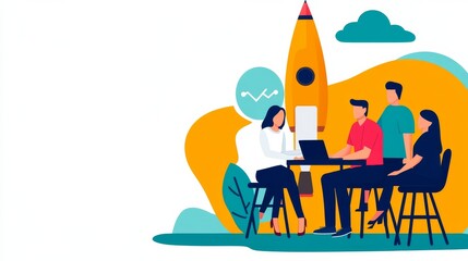 Fototapeta premium Input An illustration showing a group of people (a team) sitting around a table with a laptop, with a large rocket in the background. The style is flat illustration, bright colors