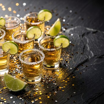 Golden tequila shots with lime and salt on dark festive background