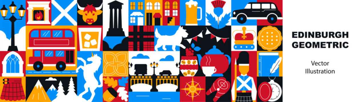 Scotland, Edinburgh Geometric Pattern and Banner with Travel Symbols, Traditional Culture Icons