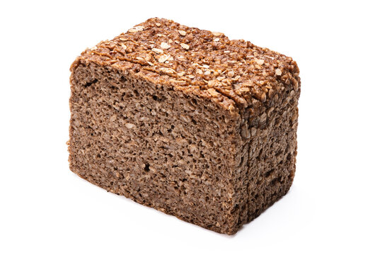 Half of dark rye whole grain bread loaf isolated on white background