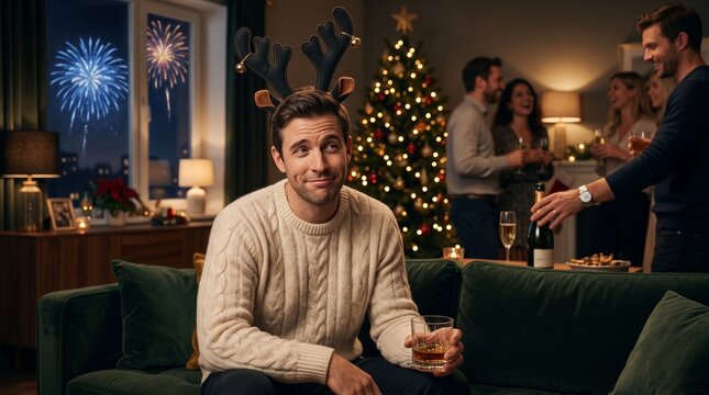 Man in festive sweater and decorative antlers on his head smiling while sitting on couch at party for Christmas