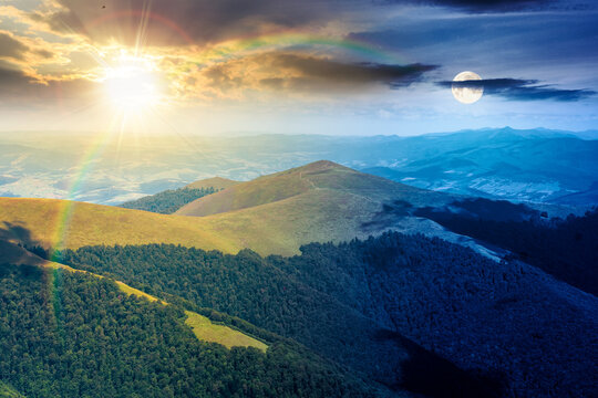 epic mountain landscape in summer. day meet night. travel ukraine background. sun and moon over rolling hill in dappled light. scenic view of borzhava ridge. carpathian mountain scenery