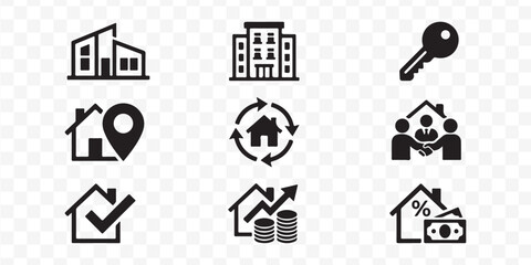 Fototapeta premium Set of Real Estate and Property Icons Representing Housing and Business Transactions in a Minimalist Black Graphic Style