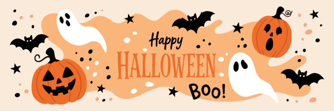 Halloween banner horizontal header with spooky pumpkins and ghosts. Happy celebration typography lettering text message. Black bat star dots confetti abstract shapes background elements