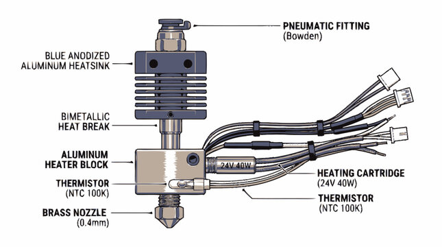 3D printer hotend diagram with labeled components. This technical illustration details the parts of a 3D printing extruder head, including the nozzle, heating block, heat sink, and pneumatic fitting
