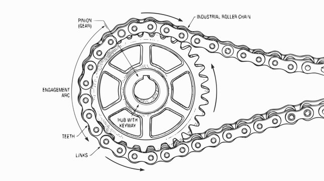 A close-up illustration of a roller chain and sprocket system, showing the mechanics of power transmission. This diagram highlights the engagement arc, teeth, lugs, and hub with keyway.