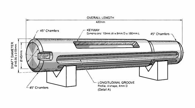 A technical engineering illustration showing the dimensional specifications and features of a precision metal machine shaft with detailed machining annotations